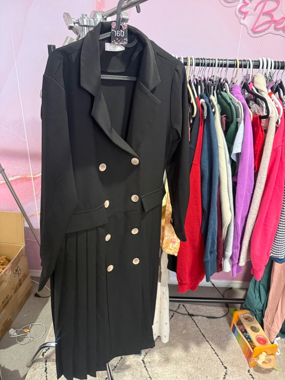 oak + fort os Double-Breasted Black Pleated Midi Dress - Picture 3 of 4